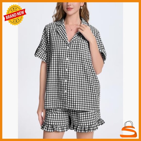 Cotton Gingham Pajama Set with Ruffled Sleeves and Shorts - Picture 2 of 7